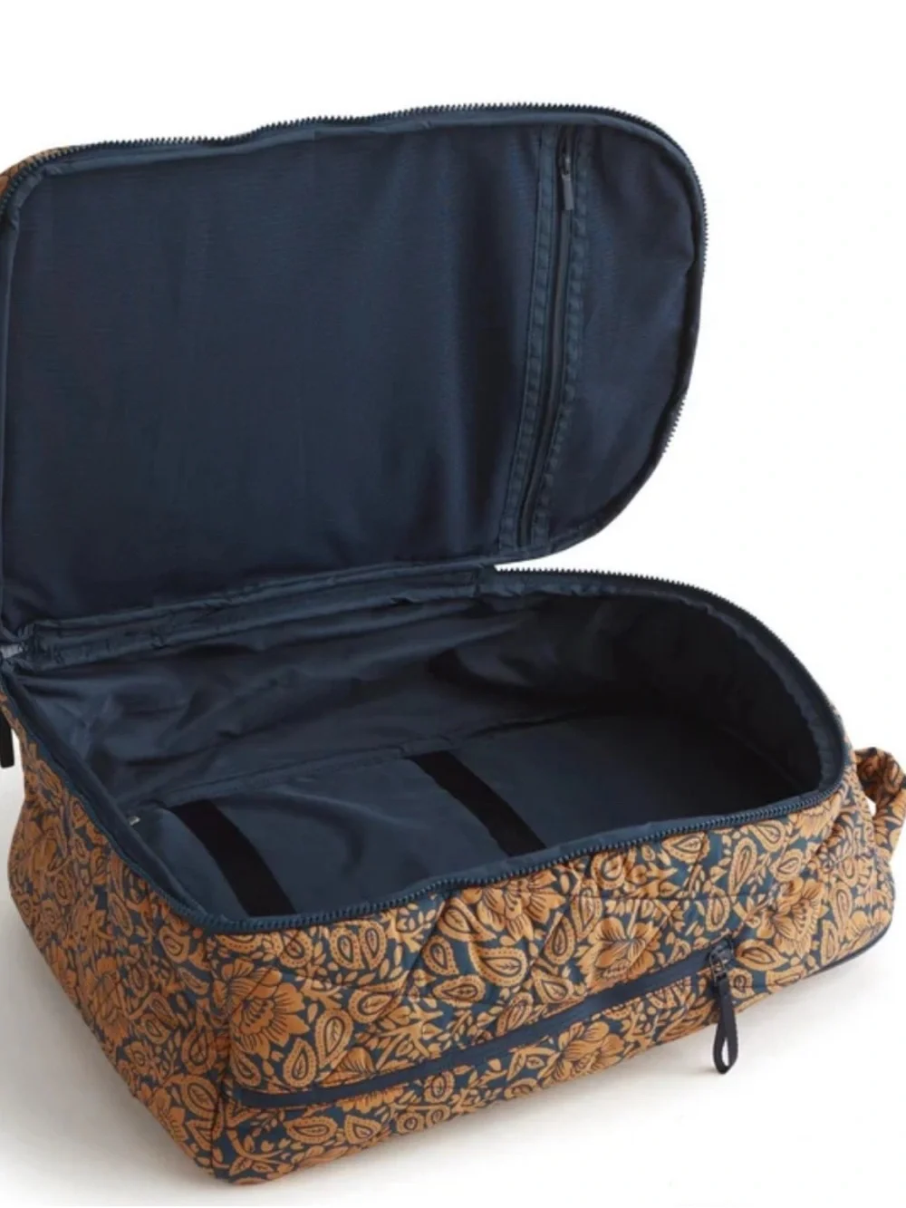 Quilted Floral Pattern Backpack in Navy and Tan